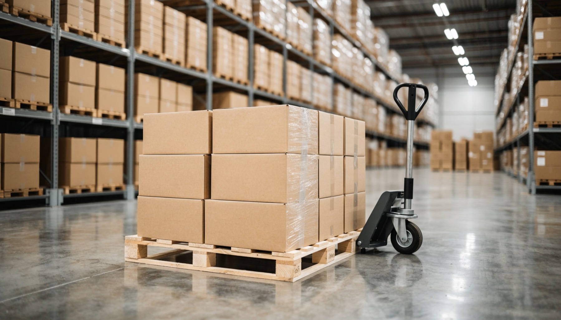 Plain cardboard cartons shrink-wrapped on a wooden pallet beside a pallet jack in a warehouse aisle